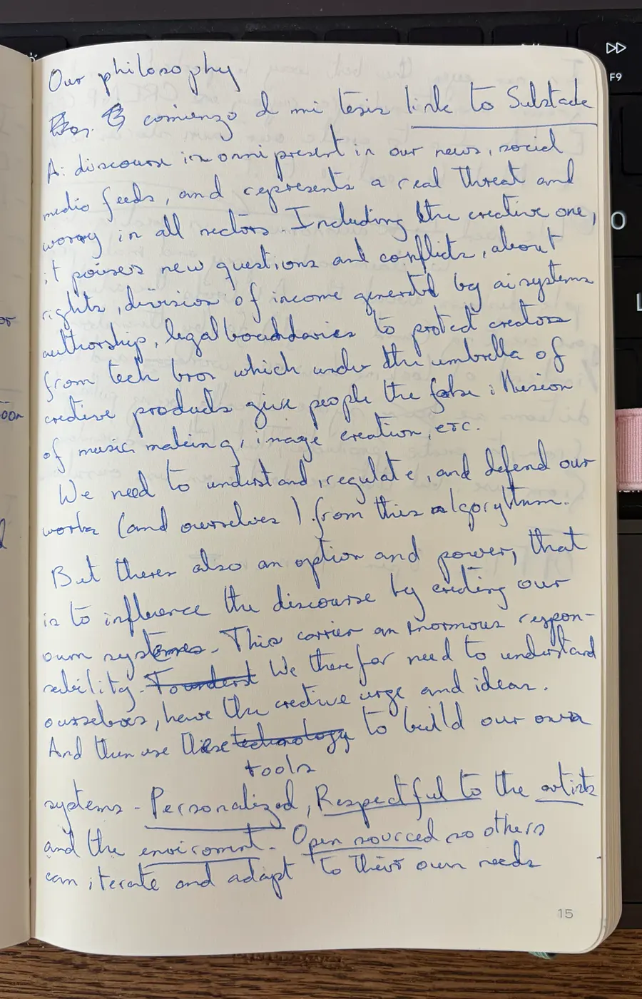 Handwritten notebook page: the first half of the manifesto, in blue ink, with crossings-out and underlinings.