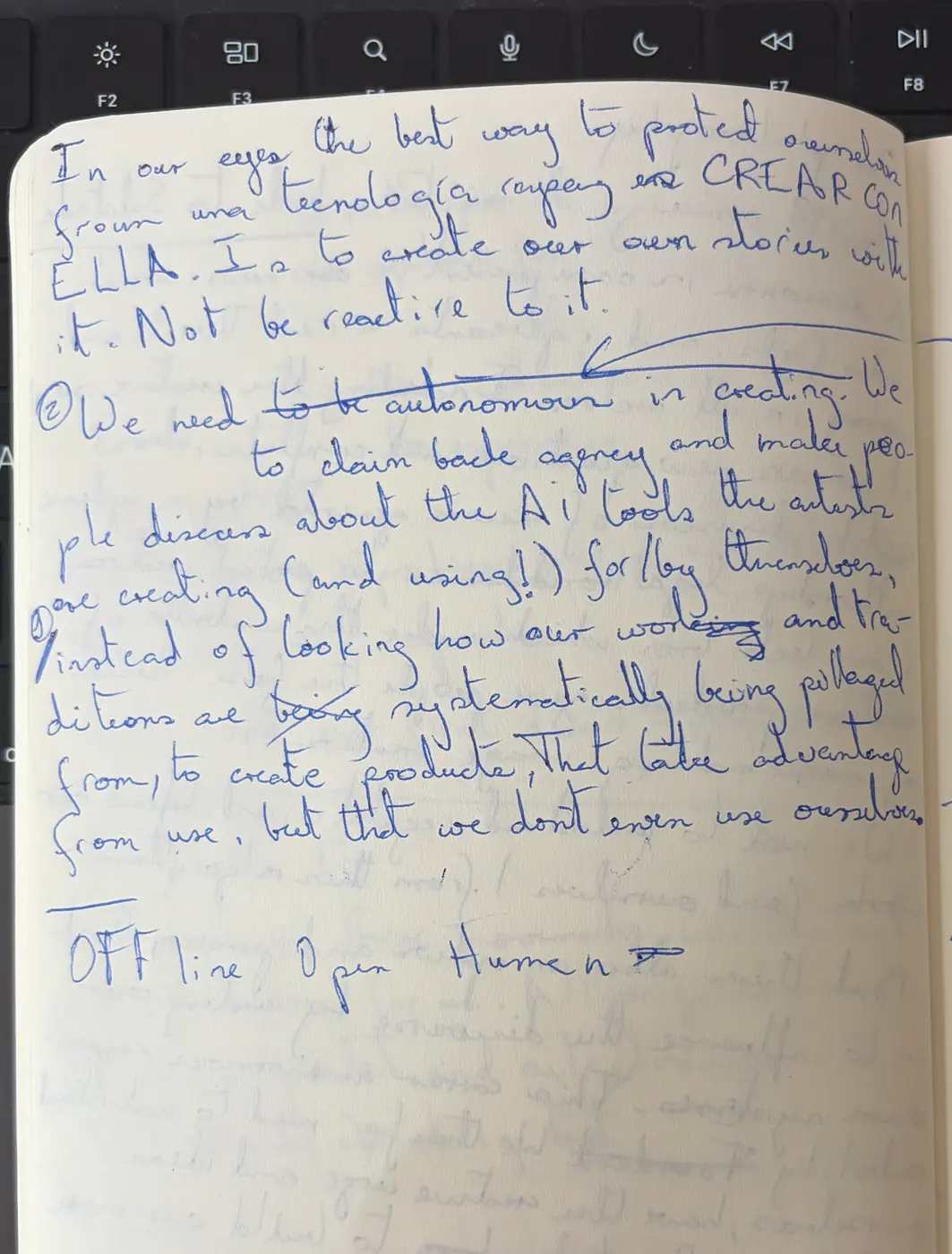 Handwritten notebook page: the second half of the manifesto, ending with the words offline, open, human.